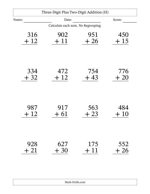 Large Print 3-Digit Plus 2-Digit Addition with NO Regrouping (H)