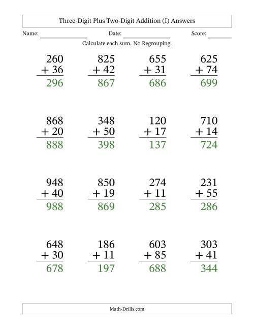 Large Print 3-Digit Plus 2-Digit Addition with NO Regrouping (I)