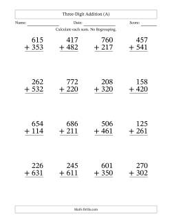 Three-Digit Addition With No Regrouping – 16 Questions – Large Print