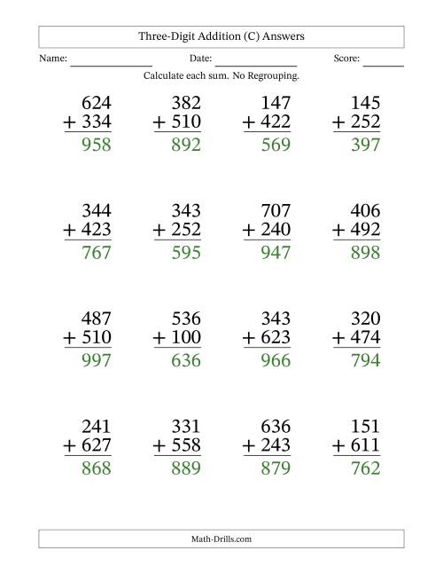 Large Print 3-Digit Plus 3-Digit Addition with NO Regrouping (C)