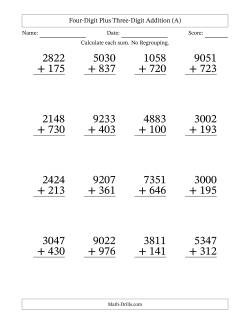 Four-Digit Plus Three-Digit Addition With No Regrouping – 16 Questions – Large Print