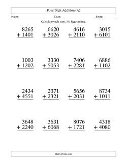 Four-Digit Addition With No Regrouping – 16 Questions – Large Print