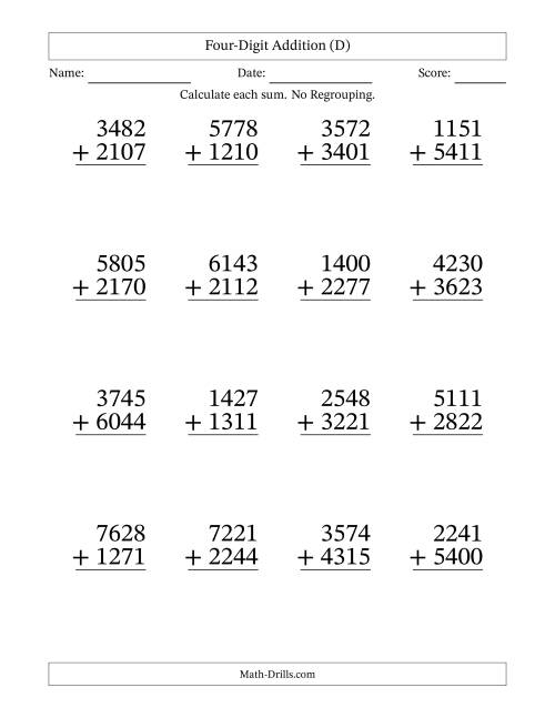 The Four-Digit Addition With No Regrouping – 16 Questions – Large Print (D) Math Worksheet