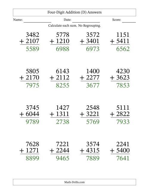 Large Print 4-Digit Plus 4-Digit Addition with NO Regrouping (D)