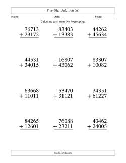 Five-Digit Addition With No Regrouping – 12 Questions – Large Print