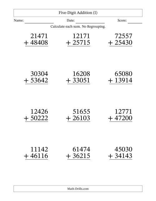 Large Print 5-Digit Plus 5-Digit Addition with NO Regrouping (I)