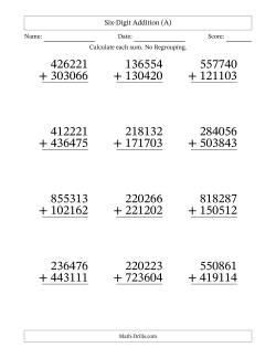 Six-Digit Addition With No Regrouping – 12 Questions – Large Print