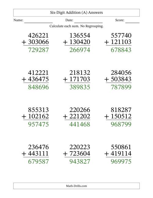 large print 6 digit plus 6 digit addition with no