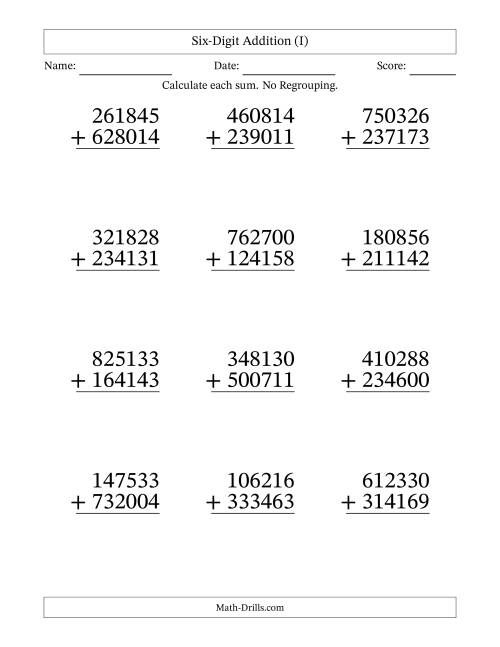 Large Print 6-Digit Plus 6-Digit Addition with NO Regrouping (I)