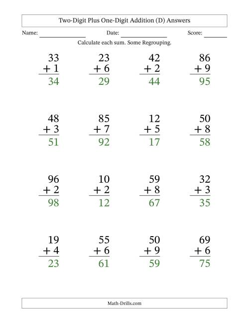 The Large Print 2-Digit Plus 1-Digit Addition with SOME Regrouping (D) Math Worksheet Page 2