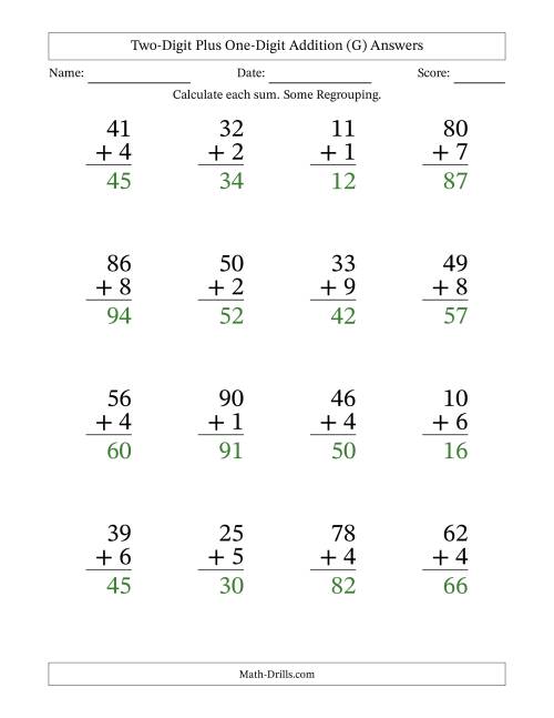 The Two-Digit Plus One-Digit Addition With Some Regrouping – 16 Questions – Large Print (G) Math Worksheet Page 2
