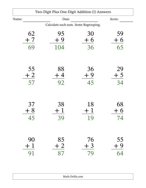 The Large Print 2-Digit Plus 1-Digit Addition with SOME Regrouping (I) Math Worksheet Page 2