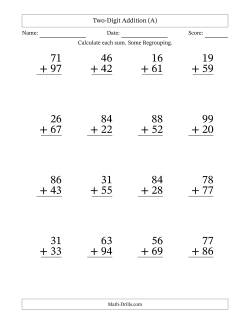 Two-Digit Addition With Some Regrouping – 16 Questions – Large Print