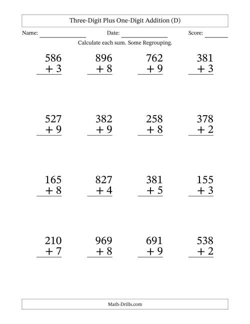 The Three-Digit Plus One-Digit Addition With Some Regrouping – 16 Questions – Large Print (D) Math Worksheet