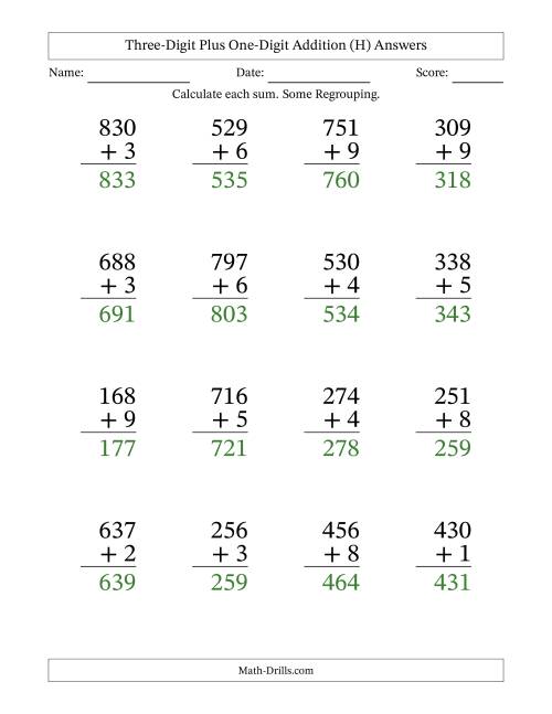 Large Print 3-Digit Plus 1-Digit Addition with SOME Regrouping (H)