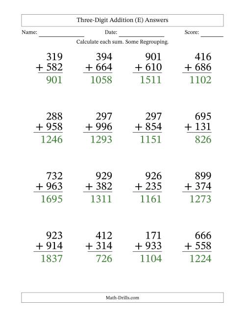 The Three-Digit Addition With Some Regrouping – 16 Questions – Large Print (E) Math Worksheet Page 2