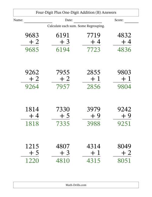 Large Print 4-Digit Plus 1-Digit Addition with SOME Regrouping (B)