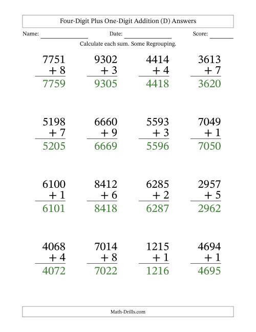 Large Print 4-Digit Plus 1-Digit Addition with SOME Regrouping (D)