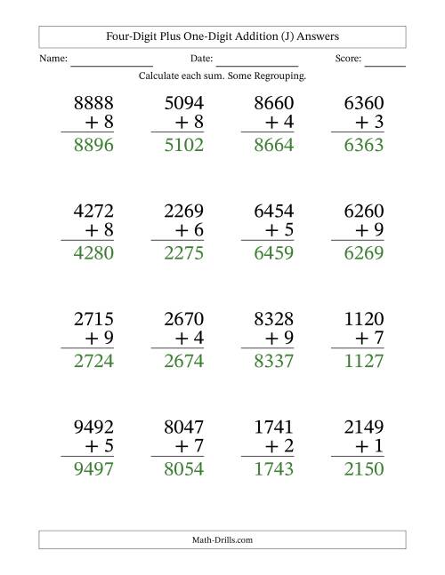 Large Print 4-Digit Plus 1-Digit Addition with SOME Regrouping (J)