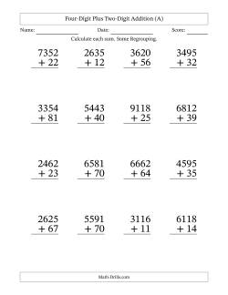 Four-Digit Plus Two-Digit Addition With Some Regrouping – 16 Questions – Large Print