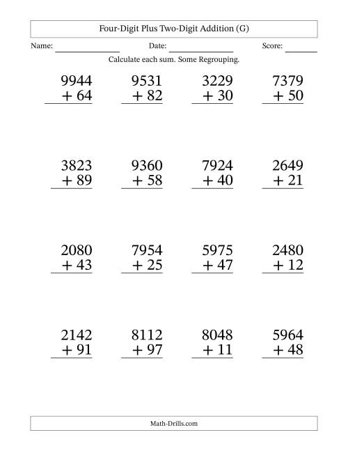 The Four-Digit Plus Two-Digit Addition With Some Regrouping – 16 Questions – Large Print (G) Math Worksheet