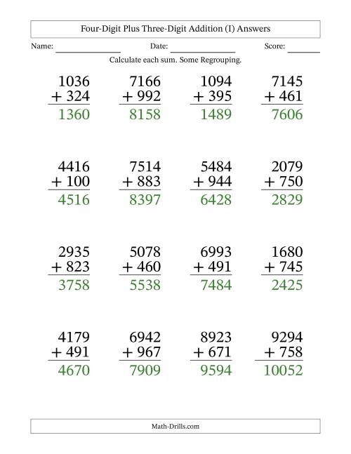 Large Print 4-Digit Plus 3-Digit Addition with SOME Regrouping (I)