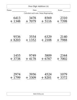 Four-Digit Addition With Some Regrouping – 16 Questions – Large Print