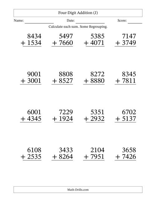 Large Print 4-Digit Plus 4-Digit Addition with SOME Regrouping (J)