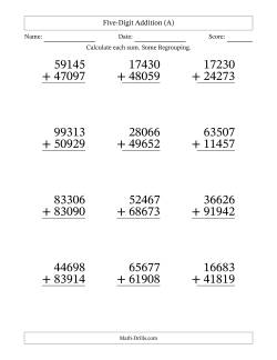 Five-Digit Addition With Some Regrouping – 12 Questions – Large Print