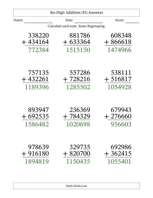 The Large Print 6-Digit Plus 6-Digit Addition with SOME Regrouping (H) Math Worksheet Page 2