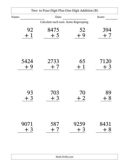 The Two- to Four-Digit Plus One-Digit Addition With Some Regrouping – 16 Questions – Large Print (B) Math Worksheet