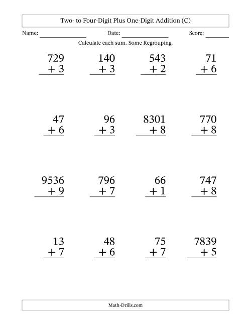 Large Print Various-Digit Plus 1-Digit Addition with SOME Regrouping (C)