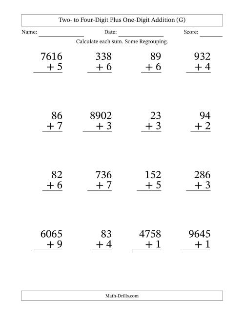 Large Print Various-Digit Plus 1-Digit Addition with SOME Regrouping (G)