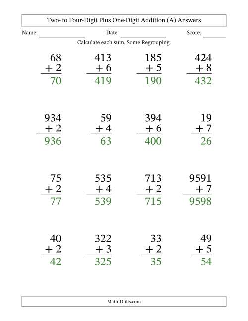 Large Print Various-Digit Plus 1-Digit Addition with SOME Regrouping (All)