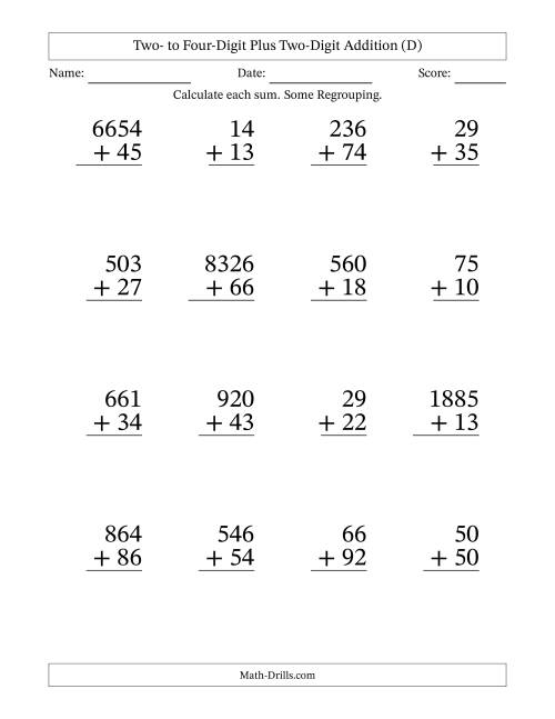 The Large Print Various-Digit Plus 2-Digit Addition with SOME Regrouping (D) Math Worksheet