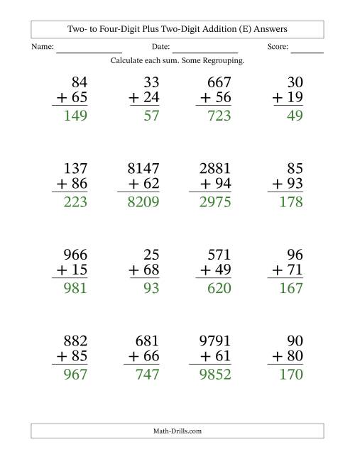 The Large Print Various-Digit Plus 2-Digit Addition with SOME Regrouping (E) Math Worksheet Page 2