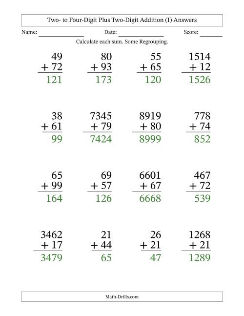 The Large Print Various-Digit Plus 2-Digit Addition with SOME Regrouping (I) Math Worksheet Page 2