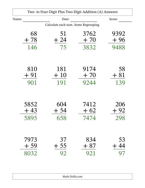 The Large Print Various-Digit Plus 2-Digit Addition with SOME Regrouping (All) Math Worksheet Page 2