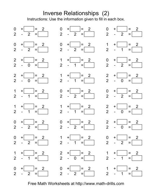 The Inverse Relationships -- Addition and Subtraction -- Focus on 2 (B) Math Worksheet