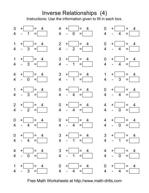 The Inverse Relationships -- Addition and Subtraction -- Focus on 4 (D) Math Worksheet