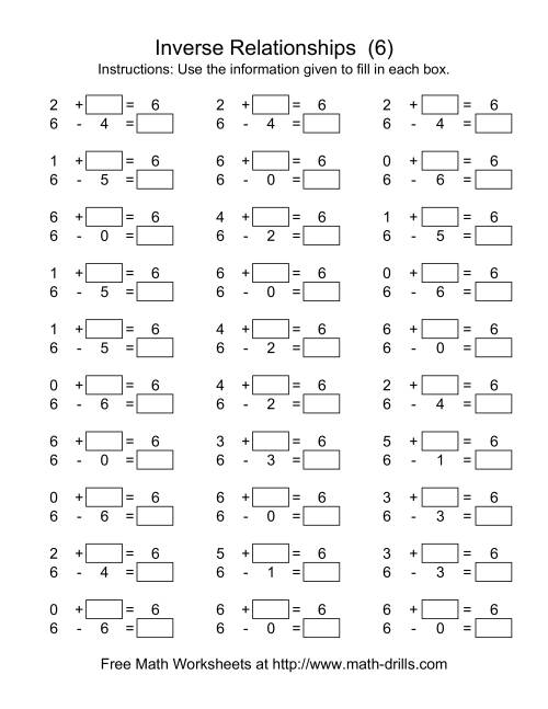 The Inverse Relationships -- Addition and Subtraction -- Focus on 6 (F) Math Worksheet
