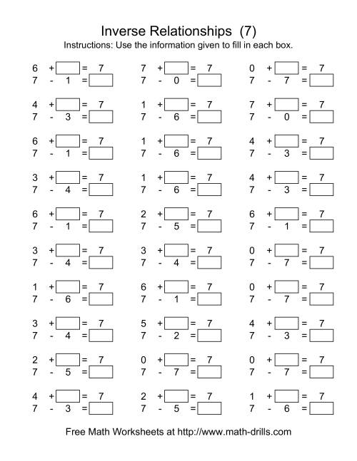 The Inverse Relationships -- Addition and Subtraction -- Focus on 7 (G) Math Worksheet