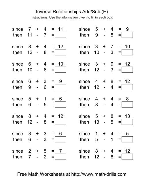 The Inverse Relationships -- Addition and Subtraction -- Range 1 to 9 (E) Math Worksheet