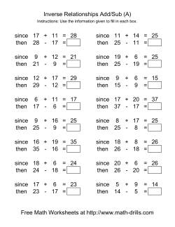 Inverse Relationships -- Addition and Subtraction -- Range 5 to 20