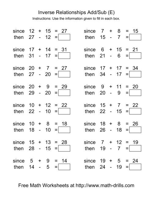 The Inverse Relationships -- Addition and Subtraction -- Range 5 to 20 (E) Math Worksheet