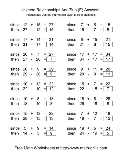The Inverse Relationships -- Addition and Subtraction -- Range 5 to 20 (E) Math Worksheet Page 2