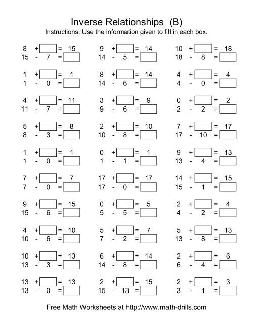 The Inverse Relationships (Two Blanks) -- Addition and Subtraction -- Range 1 to 18 (B) Math Worksheet
