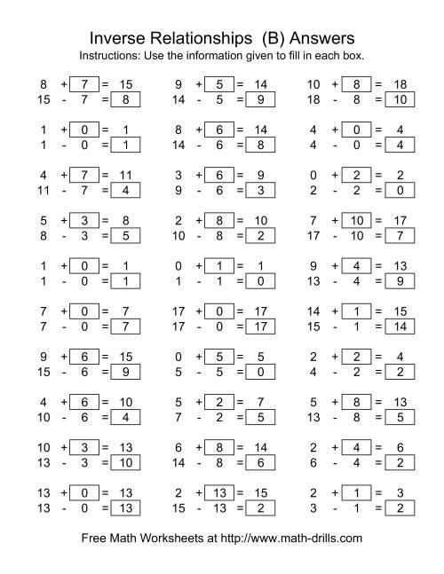 The Inverse Relationships (Two Blanks) -- Addition and Subtraction -- Range 1 to 18 (B) Math Worksheet Page 2