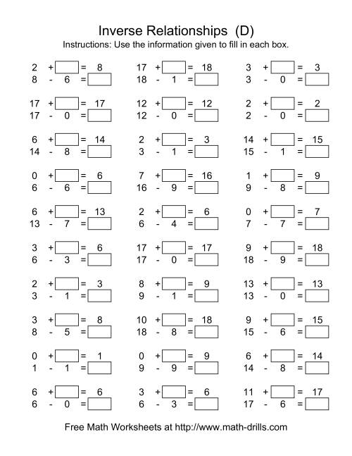 The Inverse Relationships (Two Blanks) -- Addition and Subtraction -- Range 1 to 18 (D) Math Worksheet