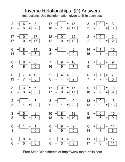 The Inverse Relationships (Two Blanks) -- Addition and Subtraction -- Range 1 to 18 (D) Math Worksheet Page 2